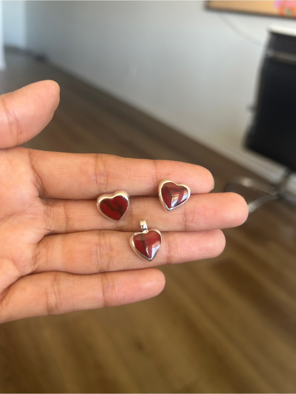 Taxco Mexico .925 Sterling Silver Heart Jewelry Set – Red Stone – Aprox  1.5 CM - Picture 3 of 10